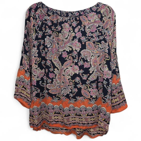 Bila XXL Boho Paisley Tunic Blouse Navy Orange 3/4 Sleeve Plus Size Flowy Hippie - Picture 2 of 5